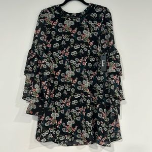 Day Date Black Floral Print Tiered Flounce Sleeve Mini Dress
